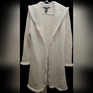 Amo Bretti Women Long Open Front Cardigan Sweater L Cream Lambswool Angora Blend